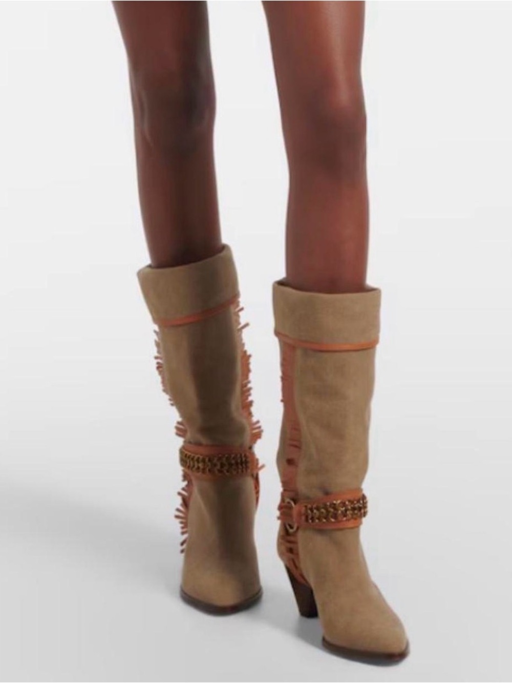 Isabel Marant Tan Levon Fringe Knee Boots with Chain and Fringe Detail